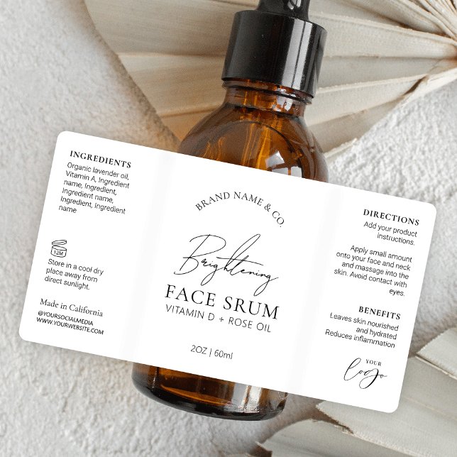 Minimal Chic Logo Serum 2OZ Dropper Pump Bottle Label (Sophisticated 2 OZ cosmetic bottle packaging label, great for face serums, skincare oil and more)