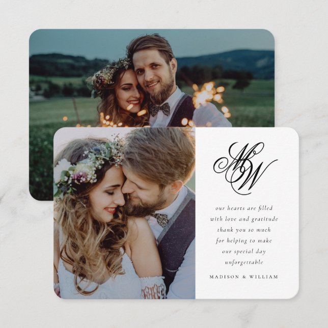 Minimal Chic Monogram 2 Photo Wedding Thank You Card (Front/Back)