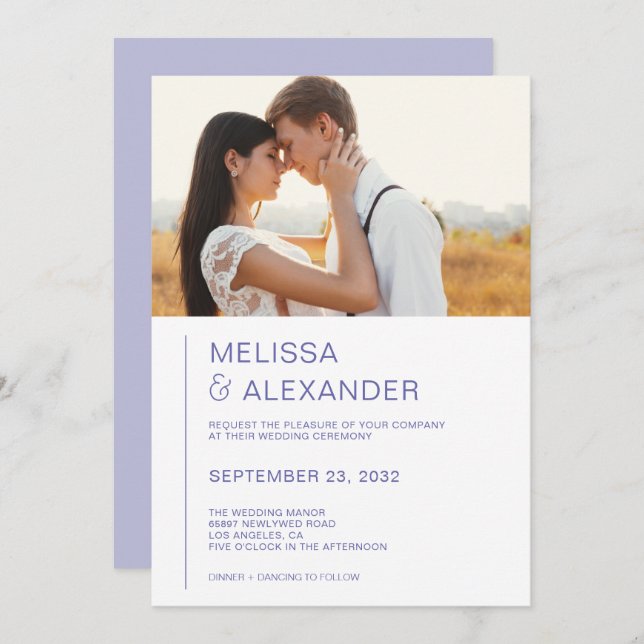 Minimal chic periwinkle photo wedding invitation (Front/Back)