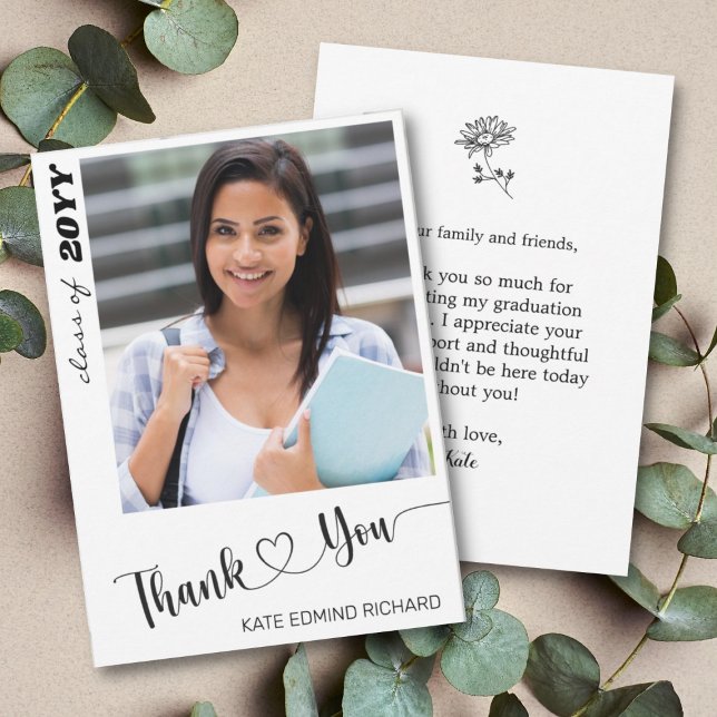 Minimal Chic Photo Elegant Script Heart Graduate Thank You Card (Creator Uploaded)