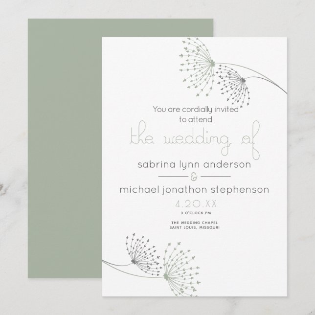 Minimal Chic Sage Green and Charcoal  Flowers Invitation (Front/Back)
