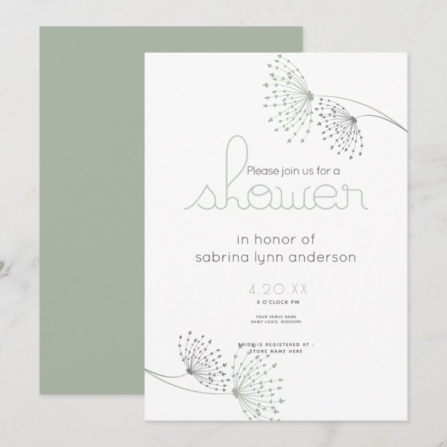 Minimal Chic Sage Green and Charcoal  Flowers Invitation (Front/Back)