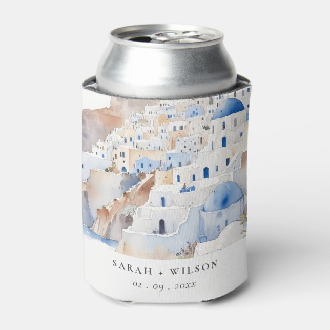 Minimal Chic Santorini Greece Watercolor Wedding Can Cooler (Can Front)