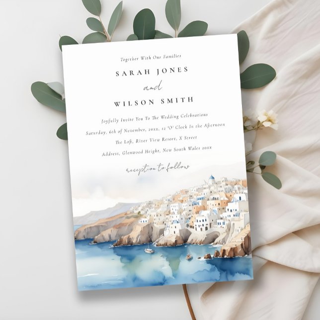 Minimal Chic Santorini Greece Watercolor Wedding Invitation (Creator Uploaded)