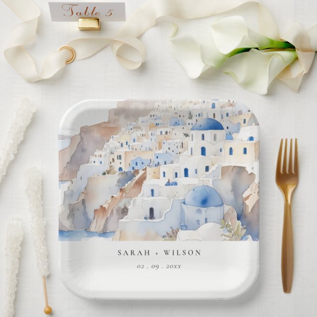 Minimal Chic Santorini Greece Watercolor Wedding Paper Plates (Wedding)