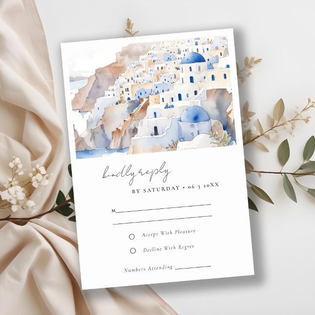 Minimal Chic Santorini Greece Watercolor Wedding RSVP Card (Creator Uploaded)
