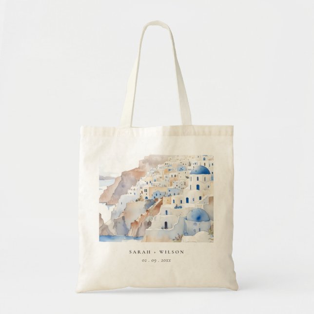 Minimal Chic Santorini Greece Watercolor Wedding Tote Bag (Front)