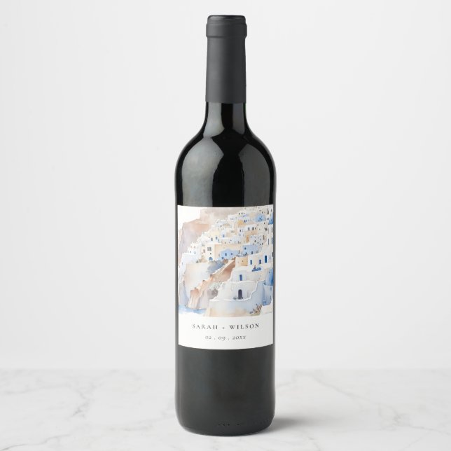Minimal Chic Santorini Greece Watercolor Wedding Wine Label (Front)