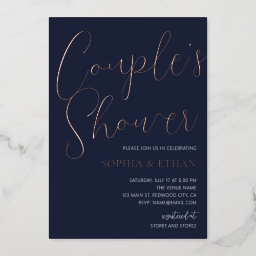 Minimal Chic Script Navy Blue Couples Shower Foil Invitation