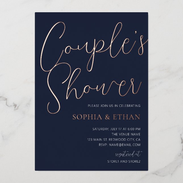 Minimal Chic Script Navy Blue Couples Shower Foil Invitation (Front)