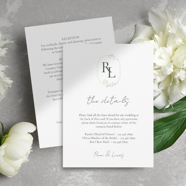 Minimal Chic Wedding White Green Monogram Details  Enclosure Card (Creator Uploaded)