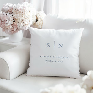 Minimal Chic White and Dusty Blue Wedding Monogram Throw Pillow