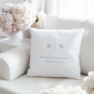 Minimal Chic White and Dusty Blue Wedding Monogram Throw Pillow