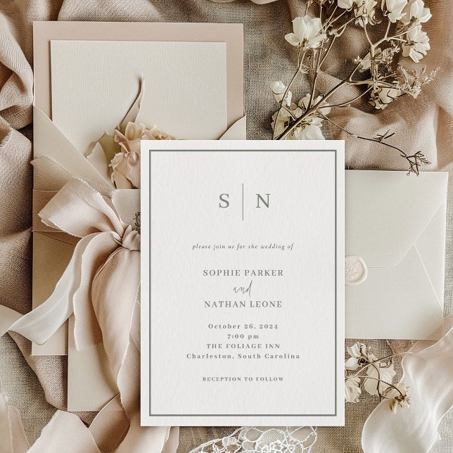 Minimal Chic | White and Sage Green Border Wedding Invitation (Creator Uploaded)