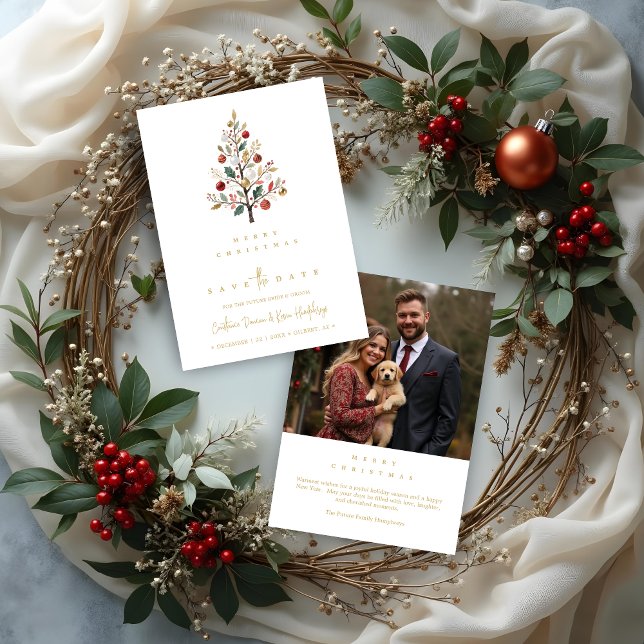 Minimal Chic Winter Christmas Tree Photo Wedding Save The Date (Minimalist Chic Winter Christmas Tree Wedding Save the Date Holiday Cards with Back Photo in Digital)