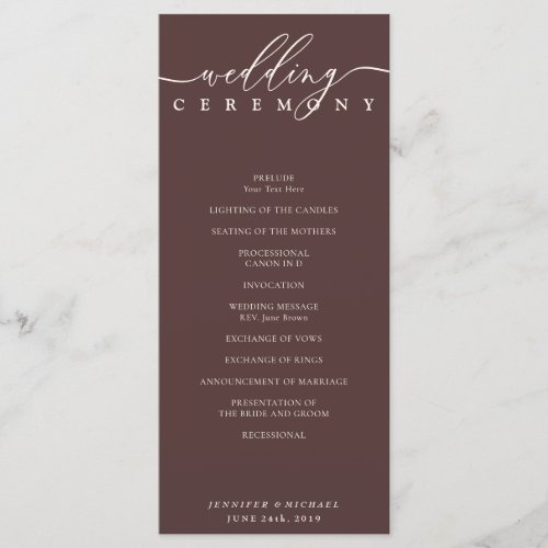 Minimal Chocolate Brown Wedding Ceremony Program