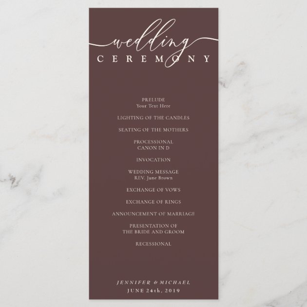 Minimal Chocolate Brown Wedding Ceremony Program
