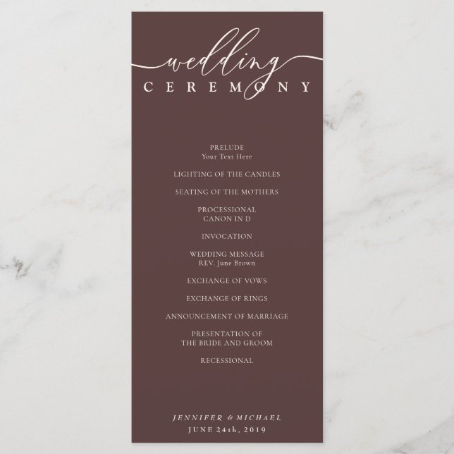 Minimal Chocolate Brown Wedding Ceremony Program (Front)