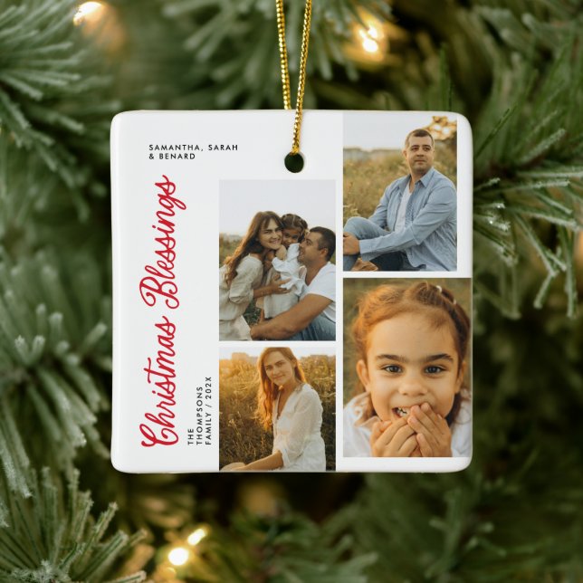 Minimal Christmas Blessings Script Family 4 Photos Ceramic Ornament (Tree)