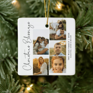 Minimal Christmas Blessings Script Family 5 Photos Ceramic Ornament