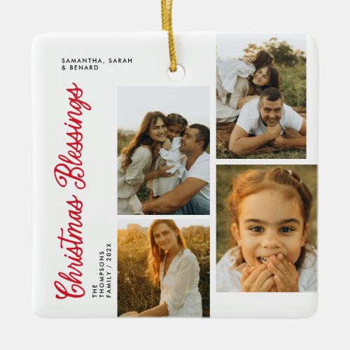 Minimal Christmas Blessings Script Family 6 Photos Ceramic Ornament