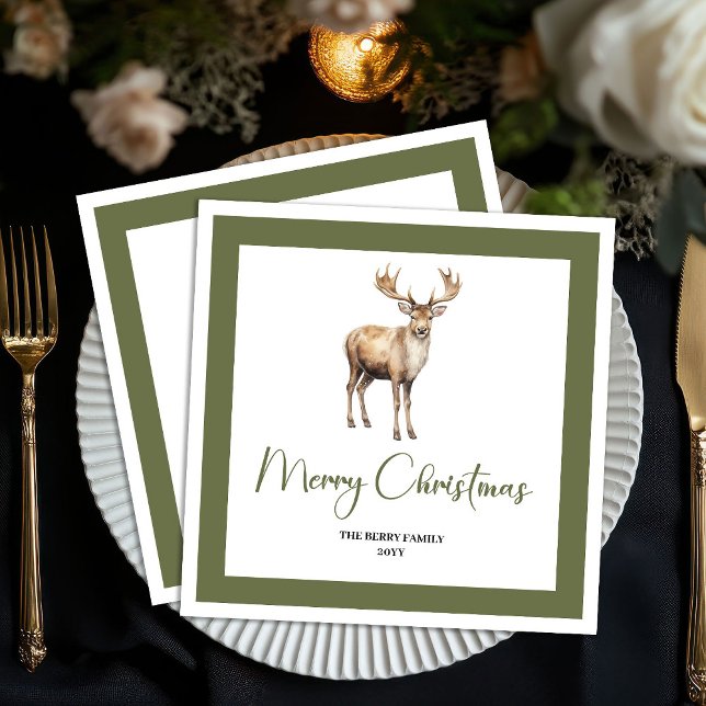 Minimal Christmas Deer Neutral Family Name Napkins (Minimal Christmas Deer Neutral Family Name Napkins)