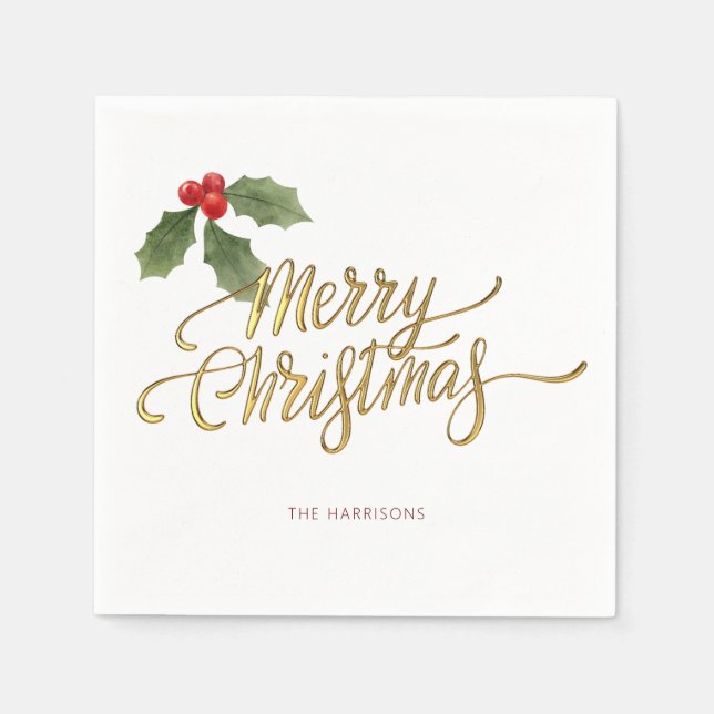 Minimal Christmas Faux Gold Foil Holly Branch Napkins (Front)