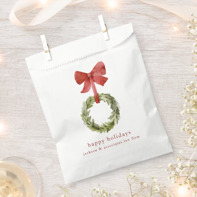 Minimal Christmas Greenery Wreath Red Bow Favor Bag (Clipped)