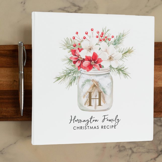 Minimal Christmas Mason Jar Family Monogram Recipe 3 Ring Binder (Creator Uploaded)