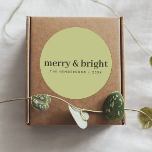Minimal Christmas Merry and Bright Olive Green Classic Round Sticker