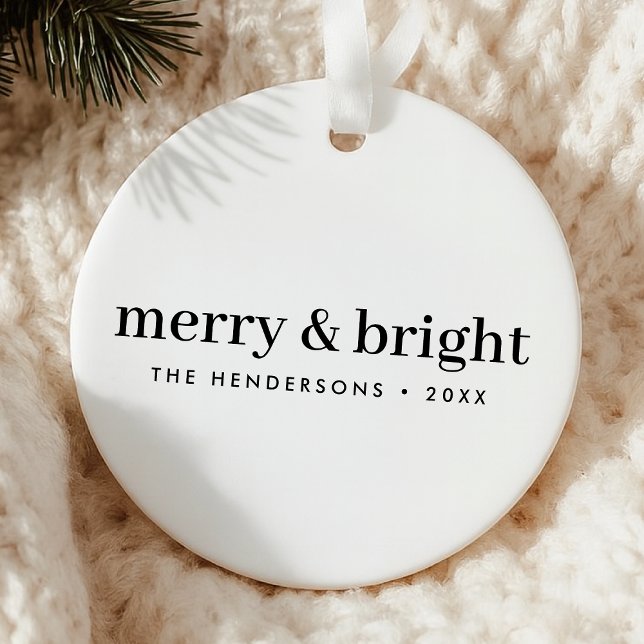 Minimal Christmas | Merry and Bright Simple White Ceramic Ornament (Creator Uploaded)