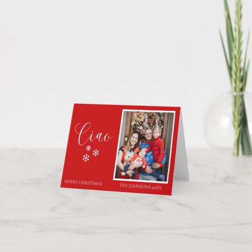 Minimal Christmas  Modern Family Portrait Red Thank You Card