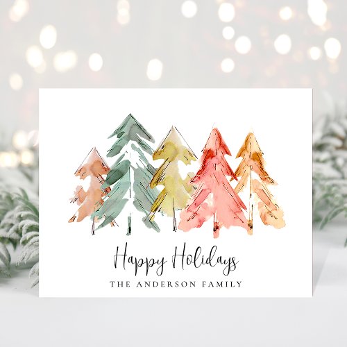 Minimal Christmas Pine Trees Watercolor Holiday Postcard