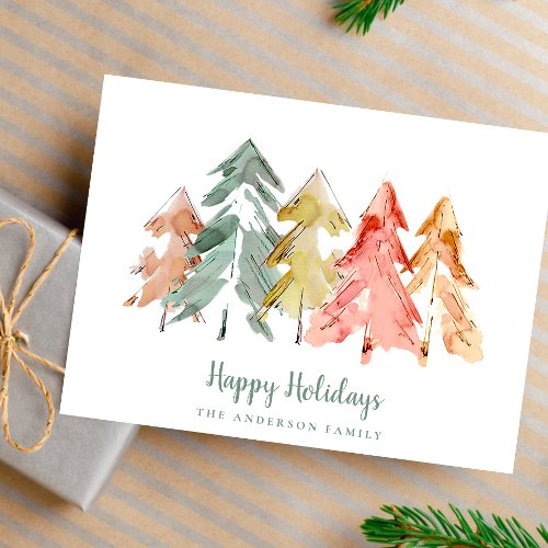 Minimal Christmas Pine Trees Watercolor Holiday Postcard