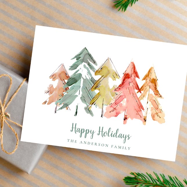 Minimal Christmas Pine Trees Watercolor Holiday Postcard (Creator Uploaded)