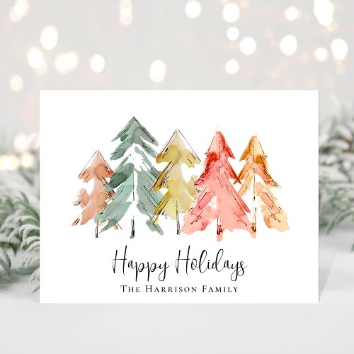 Minimal Christmas Pine Trees Watercolor Photo Holiday Postcard
