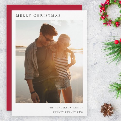 Minimal Christmas Simple Informal Modern Photo Red Holiday Card