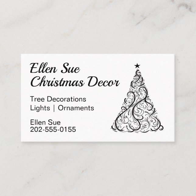 Minimal Christmas Tree Black and White Business Card (Front)