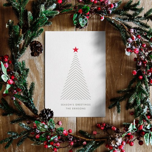 Minimal Christmas Tree  Red Star Clean Simple Holiday Card