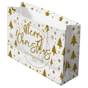 Minimal Christmas Tree White Gold Large Gift Bag