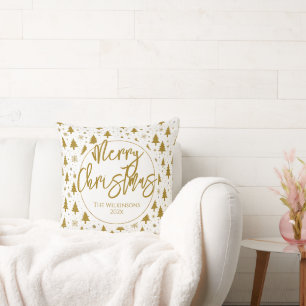 Minimal Christmas Tree White Gold Throw Pillow