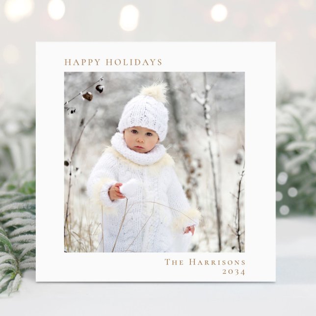 Minimal Christmas White Gold Happy Holidays Photo Holiday Card (Creator Uploaded)