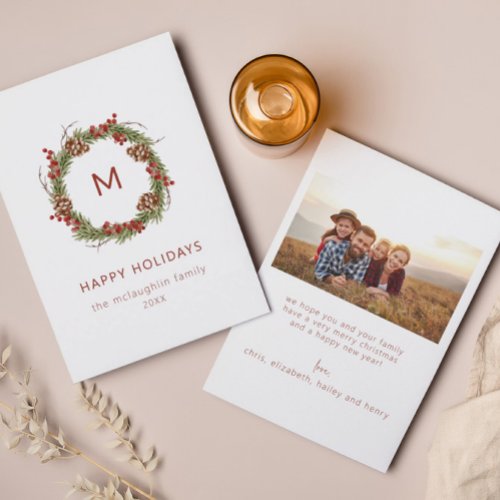 Minimal Christmas Wreath Family Photo Holiday Card