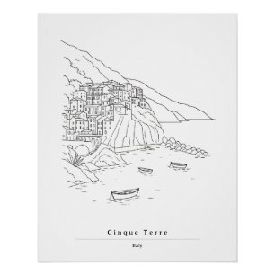 Minimal Cinque Terre Italy Line Art   Coastal art Poster