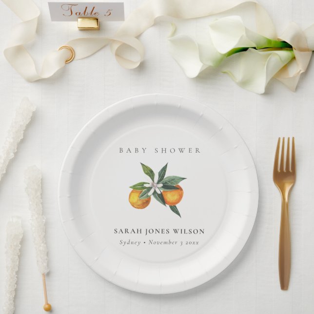 Minimal Citrus Orange Botanical Boho Baby Shower Paper Plates (Wedding)