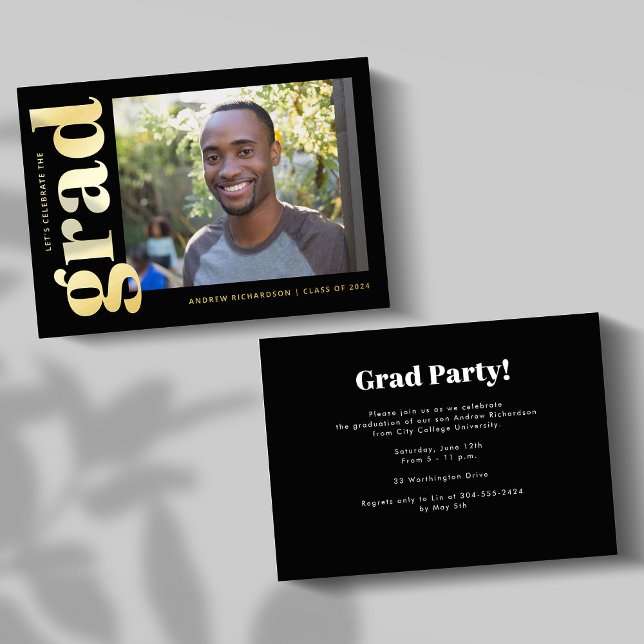 Minimal Classic Black Gold Photo Graduation Party Foil Invitation (Creator Uploaded)