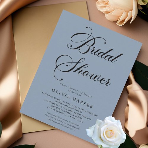 Minimal Classic Dusty Blue Script Bridal Shower  Invitation