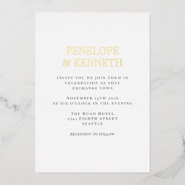 Minimal Classic Elegant Black White Wedding Gold Foil Invitation (Front)