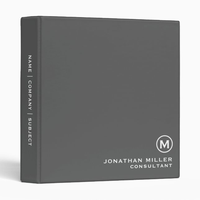 Minimal Classic Gray and White Monogram 3 Ring Binder (Front/Spine)