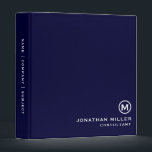 Minimal Classic Monogram Navy 3 Ring Binder<br><div class="desc">Professional monogrammed binder features a modern minimalist design in navy blue and white. Custom name presented in the lower right-hand corner in stylish simple font with a complimentary minimal monogram medallion. A modern binder for home or office, a professional monogrammed binder for your workspace. Ideal for consultants, attorneys, real estate...</div>